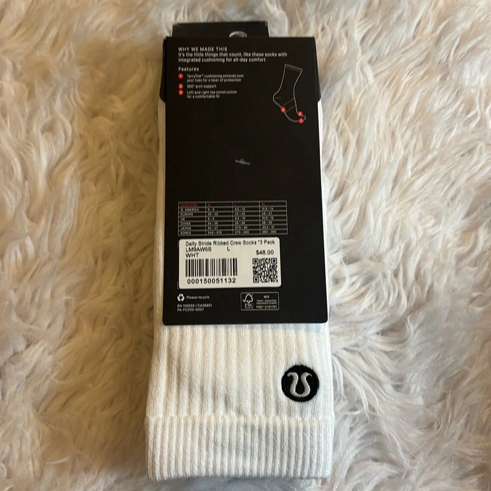 Lululemon Men’s Daily Stride Ribbed Comfort Crew Sock Stripe *3 pack, White, L